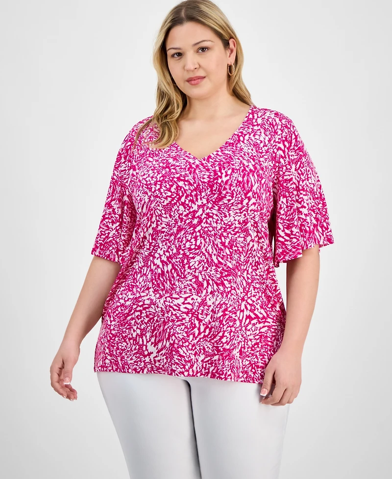 Jm Collection Plus Printed Flared-Sleeve V-Neck Top, Exclusively at Macy's