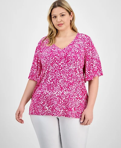 Jm Collection Plus Printed Flared-Sleeve V-Neck Top, Exclusively at Macy's