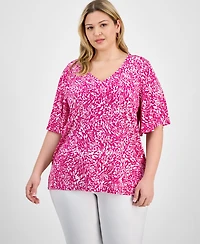 Jm Collection Plus Printed Flared-Sleeve V-Neck Top, Exclusively at Macy's
