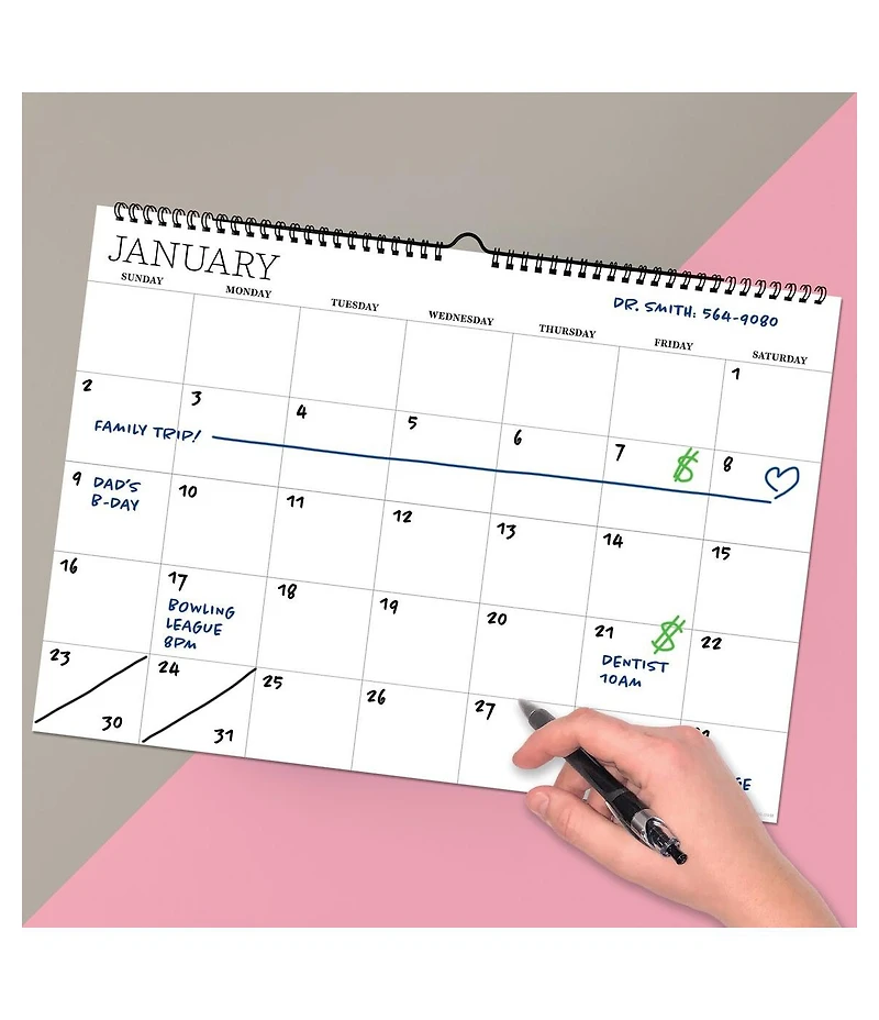 Undated 17" x 12" Dry Erase Medium Wire-o Hanging Horizontal Wall Calendar