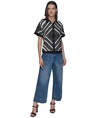 Karl Lagerfeld Paris Women's Geo-Print Button-Down Short-Sleeve Top