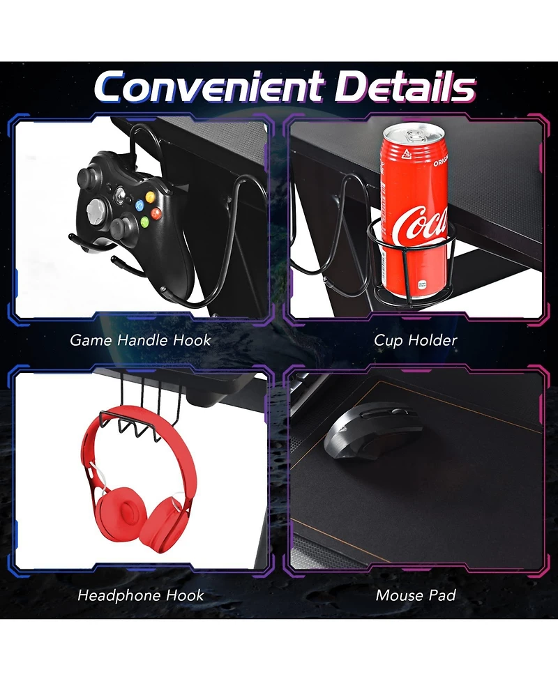 45.5 Gaming Desk, Z Shaped Racing Game Table with Carbon Fiber Surface, Mouse Mat, Headphone Hook, Cup Holder, Game Handle Rack, Ergonomic Home Office