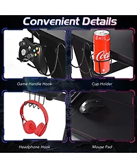 45.5 Gaming Desk, Z Shaped Racing Game Table with Carbon Fiber Surface, Mouse Mat, Headphone Hook, Cup Holder, Game Handle Rack, Ergonomic Home Office