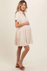 Pinkblush Maternity Cream Tiered Linen Dress