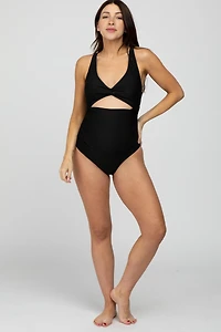 Pinkblush Maternity Black Ruched Sides Front Cutout One Piece Swimsuit