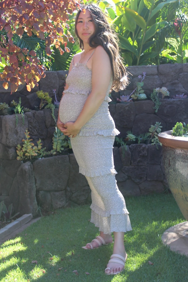 Pinkblush Maternity Taupe Leaf Print Smocked Fitted Midi Dress