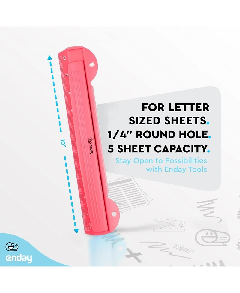 3 Hole Punch Pink, Portable Puncher for Ring Binder, Sheets Capacity, Removable Chip Tray, 10” Ruler School, Office, 1 Pc-by Enday