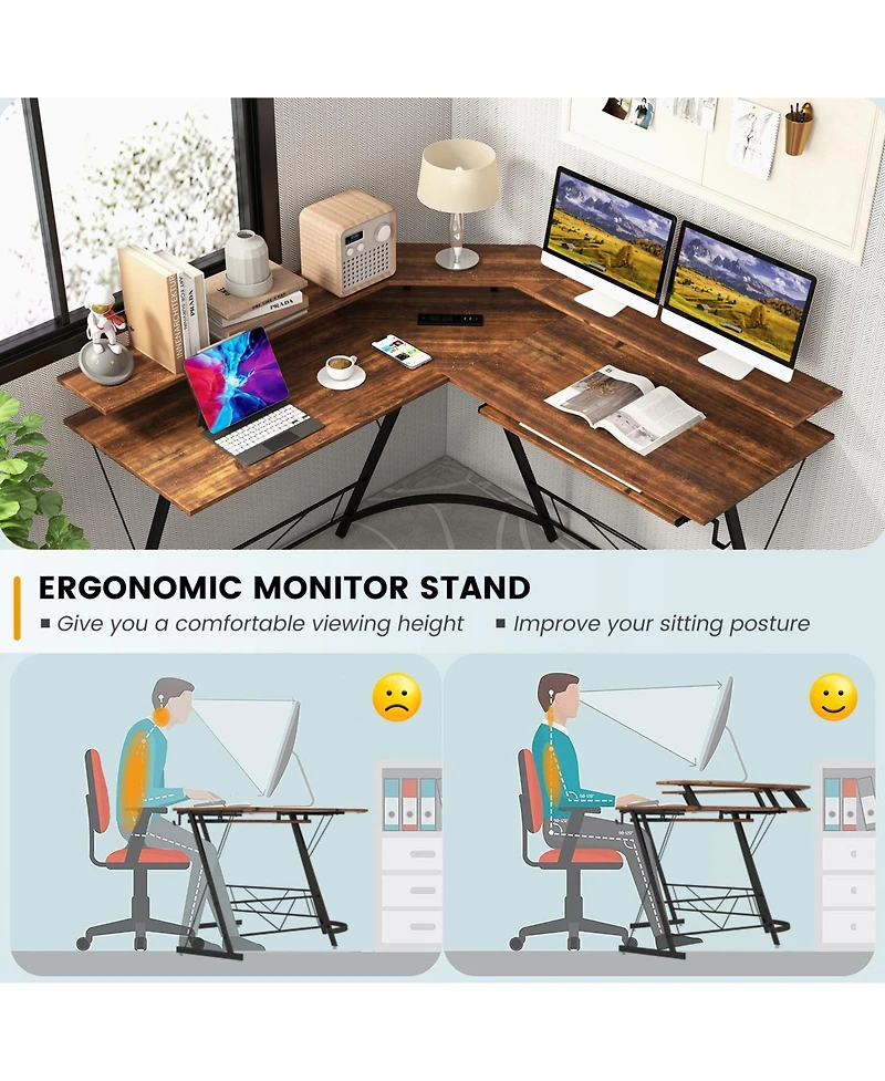 L-shaped Computer Desk with Power Outlet and Monitor Stand
