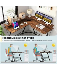 L-shaped Computer Desk with Power Outlet and Monitor Stand
