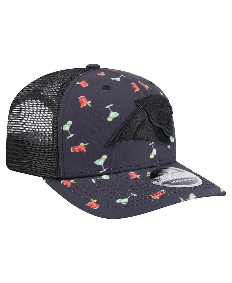 New Era Men's Navy/Black Carolina Panthers Adventure Drinks Pattern 9SEVENTY Stretch Snap Hat