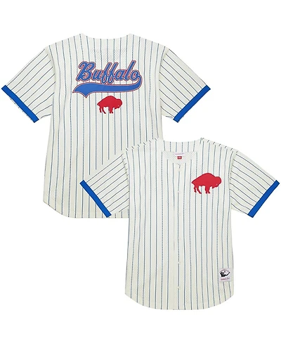 Mitchell & Ness Men's Cream Buffalo Bills Vintage Logo Final Seconds Full-Button Mesh T-Shirt