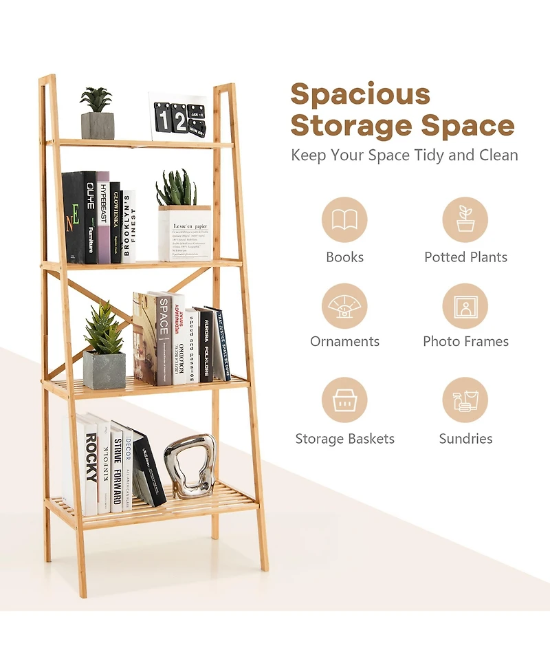 Gymax 2PCS 4-Tier Bamboo Ladder Bookshelf 58'' Display Shelf Storage Rack Plant Stand