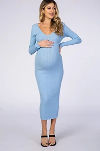 Pinkblush Maternity Light Blue V-Neck Long Sleeve Fitted Maxi Dress