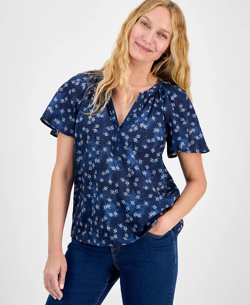 Style & Co Petite Printed Split-Neck Flutter-Sleeve Top, Exclusively at Macy's