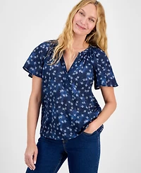 Style & Co Petite Printed Split-Neck Flutter-Sleeve Top, Exclusively at Macy's