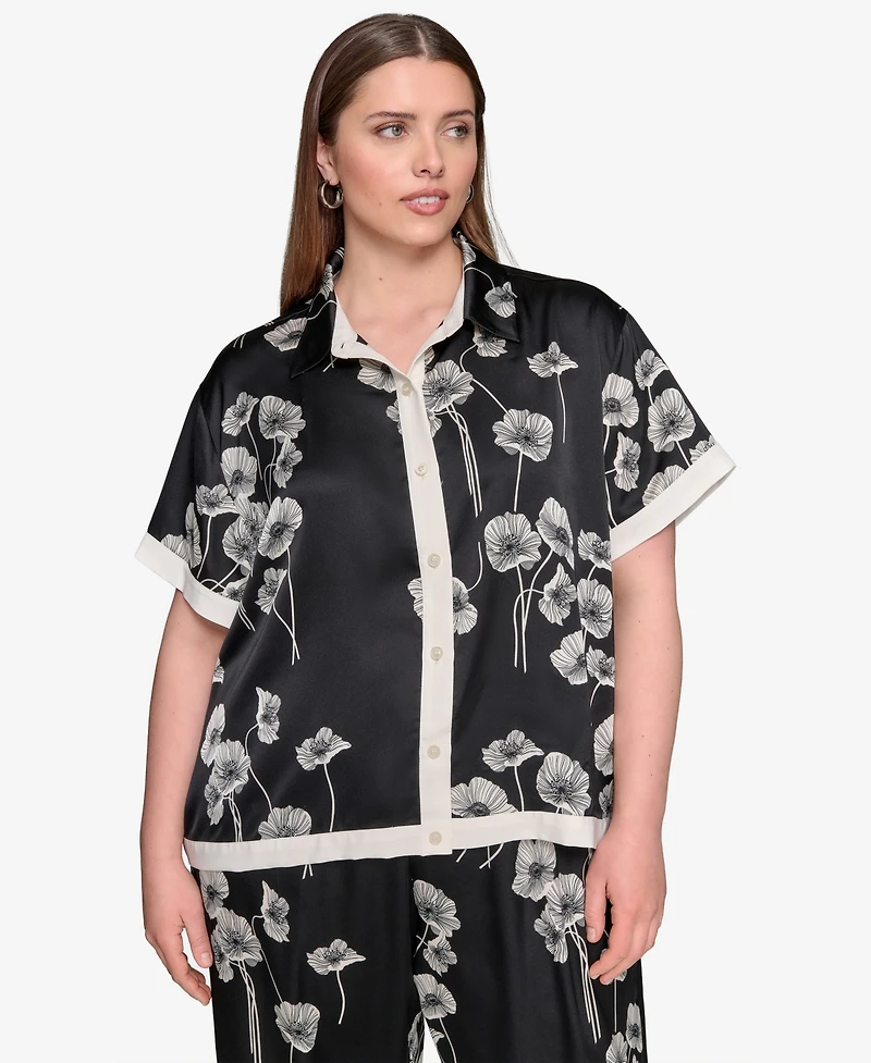 Karl Lagerfeld Paris Plus Size Flower-Print Button-Down Shirt