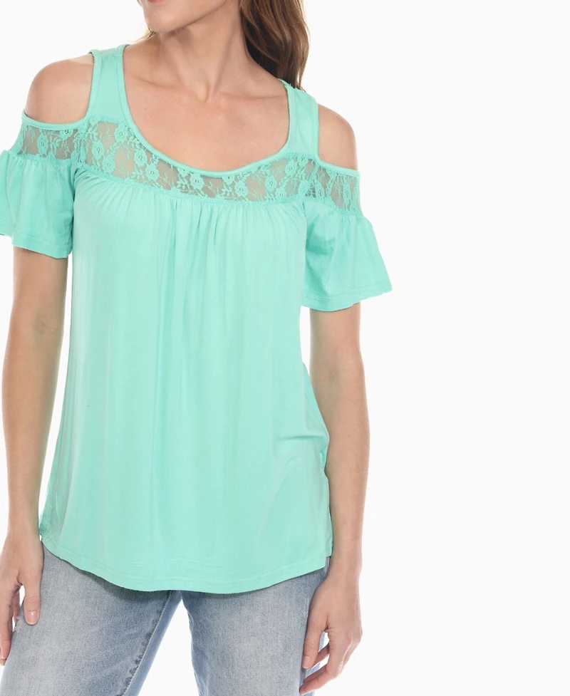 White Mark Women's Cold Shoulder Lace Trim Knit Top