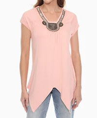 White Mark Women's Beaded Angled Hem Knit Top