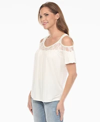 White Mark Women's Cold Shoulder Lace Trim Knit Top