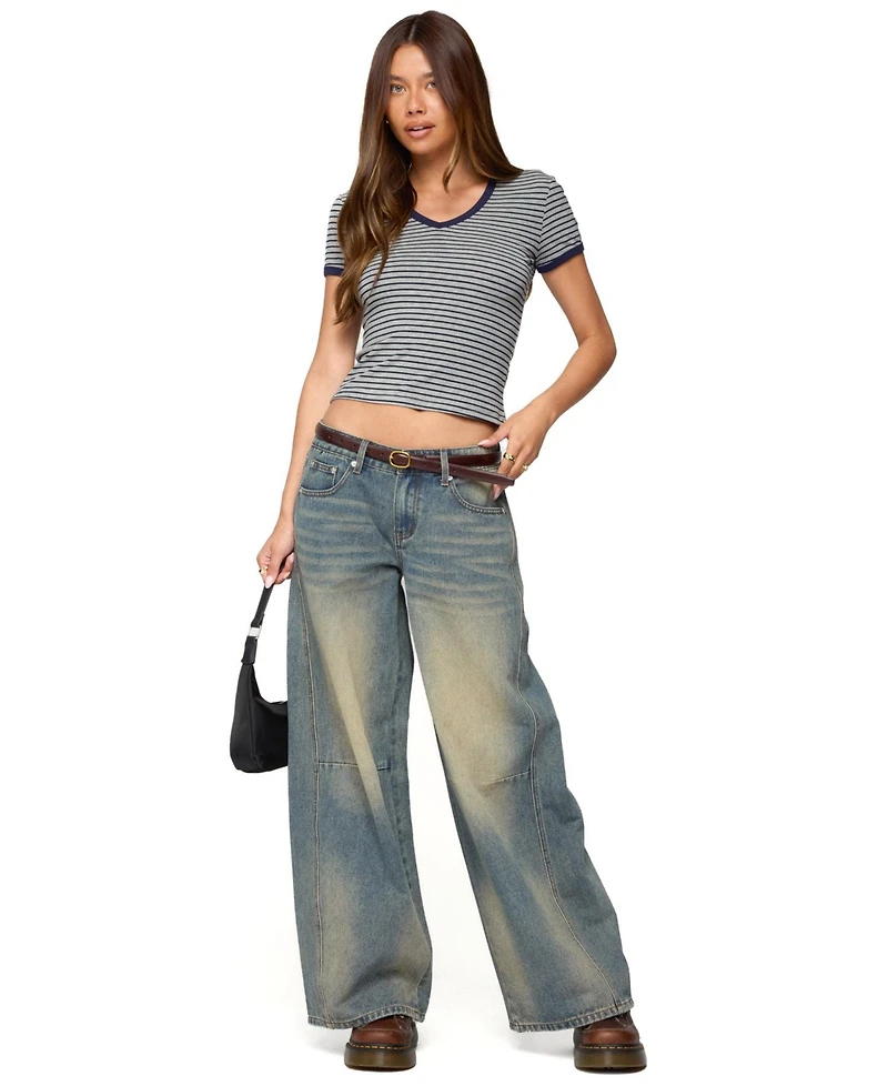Edikted Women's Fawn Striped V Neck T Shirt