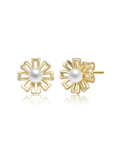 14K Gold Plated with White Pearl Flower Pearl Stud Earrings