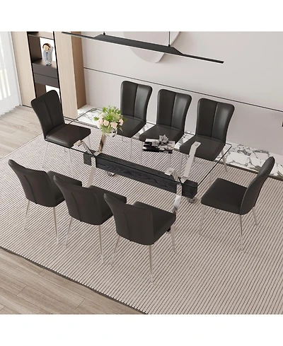 Streamdale Elegant Glass Dining Set with Black Pu Striped Chairs (71"x35.4")
