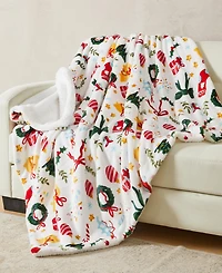 Linery & Co. Velvet Plush Fleece Reversible Sherpa Holiday Printed Throw