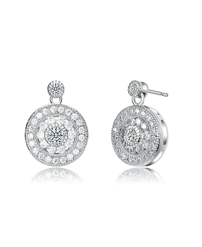 White Gold Plated with Clear Cubic Zirconia Concentric Halo Medallion Drop Earrings