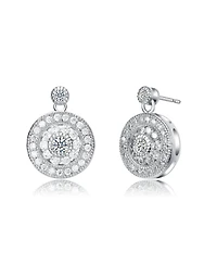 White Gold Plated with Clear Cubic Zirconia Concentric Halo Medallion Drop Earrings
