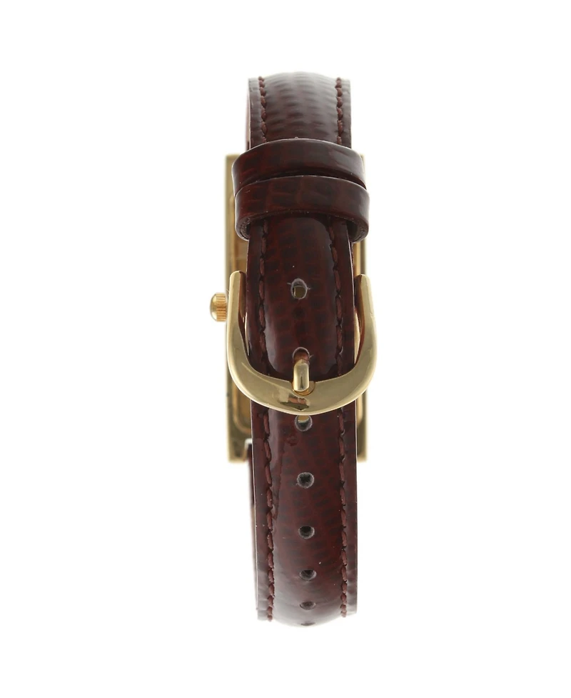 Peugeot Women's Rectangular Gold-Tone Case Watch Glossy Brown Leather Strap