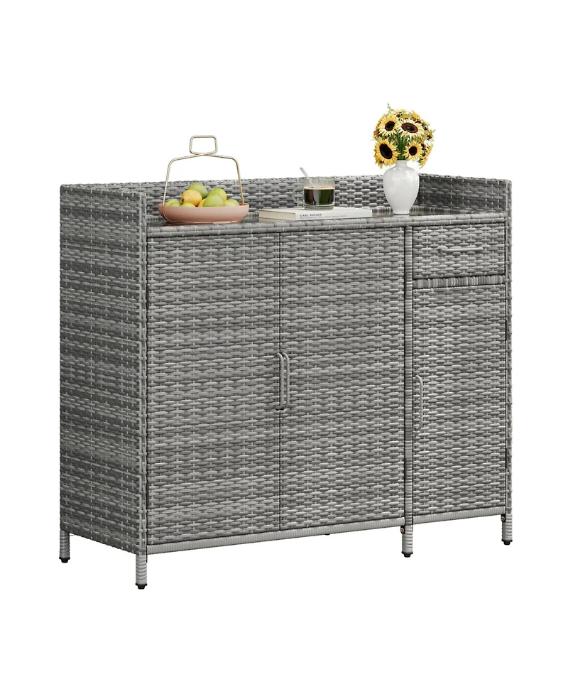 Wicker Outdoor Storage Cabinet & Bar Table Combo