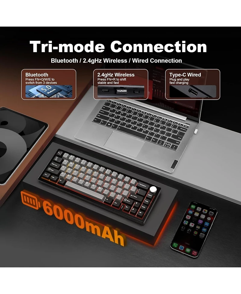 Yunzii AL68 Wireless Mechanical Keyboard,Full Aluminum Cnc,60% Layout with Knob, Qmk/Via Software,Gasket Mounted,Hot Swappable,Rgb Backlit,Bt/2.4G/Usb