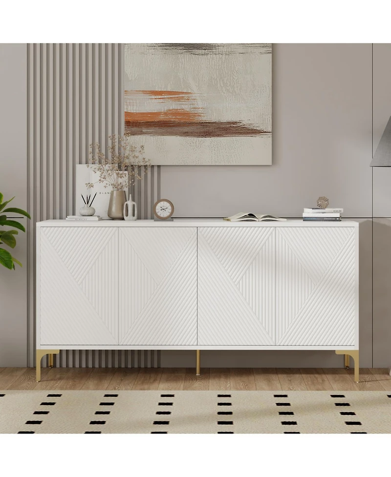 White Wood Buffet Cabinet with Carved Doors & Storage