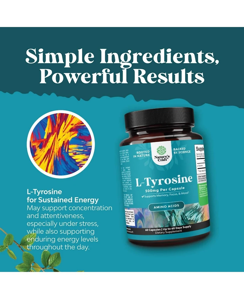 L-Tyrosine Capsule, High Strength L-Tyrosine Supplement | for Mental Energy, Mood, Focus, Attention & Cognition | 60ct