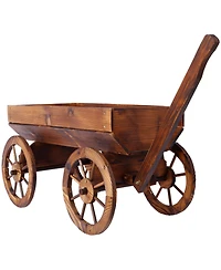 Wood Wagon Flower Planter Pot Stand W/Wheels Home Garden Outdoor Decor