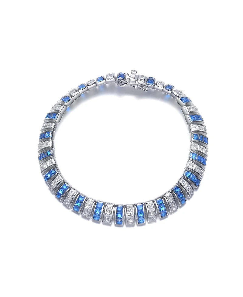 Sterling Silver White Gold Plating with Blue and White Cubic Zirconia Bracelet
