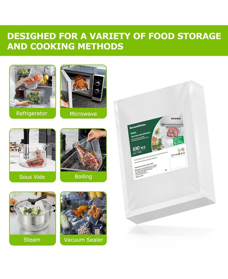 Bonsenkitchen Precut Vacuum Food Sealer Bags 100 Pint 6" x 10", Bpa Free, Commercial Grade Textured Food Vacuum Sealer Bag, Thick Embossed B
