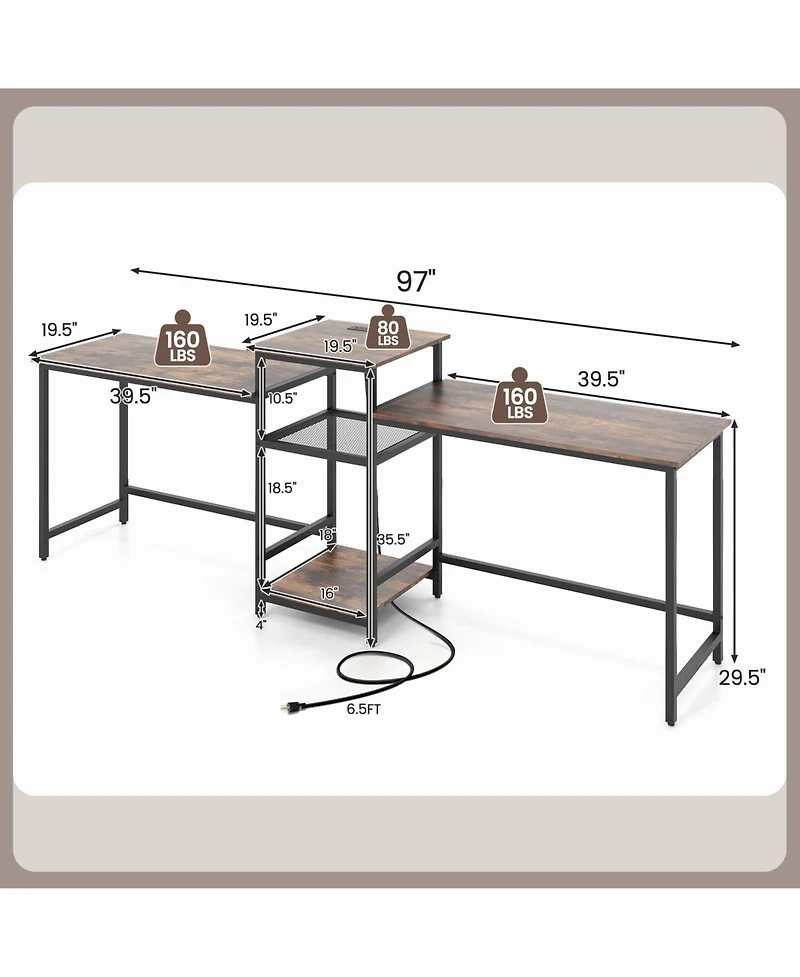2-Person Computer Desk with Power Outlet and Printer Stand