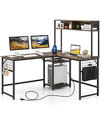L-shaped Desk with Power Outlet Hutch