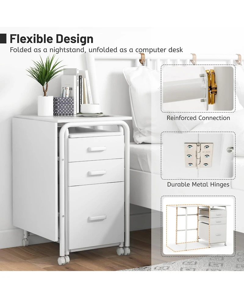 Home Office Folding Computer Laptop Desk Wheeled with 3 Drawers