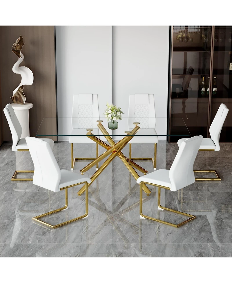 Streamdale Modern Glass Dining Set 6 Chairs, Gold Table & Chair Legs