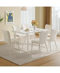 Cream-Style Dining Table Set with 6 Vertical-Back Chairs. White Mdf Tabletop, Metal Legs.