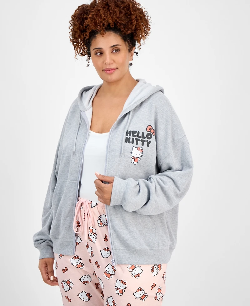 Love Tribe Trendy Plus Size Hello Kitty Bow Graphic Zip-Up Hoodie