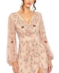 Mac Duggal Women's Long Sleeve Floral Beaded V Neck Gown w/ Slit