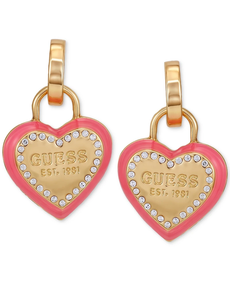 Guess Gold-Tone Pink Heart Drop Hoop Earrings