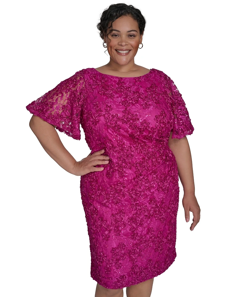 Jessica Howard Plus Soutache Lace Flutter-Sleeve Dress