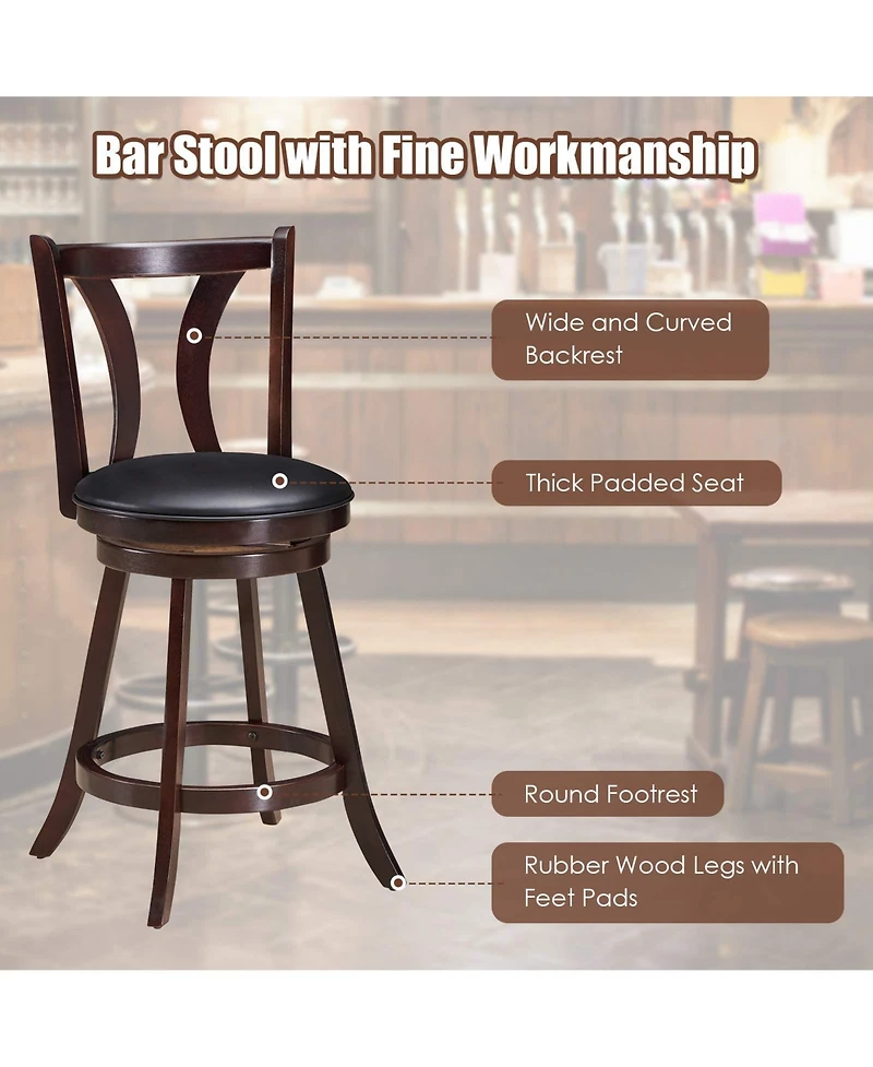 Sugift 24 Inch Set of 2 Swivel Bar Stools Bar Height Chairs with Rubber Wood Legs