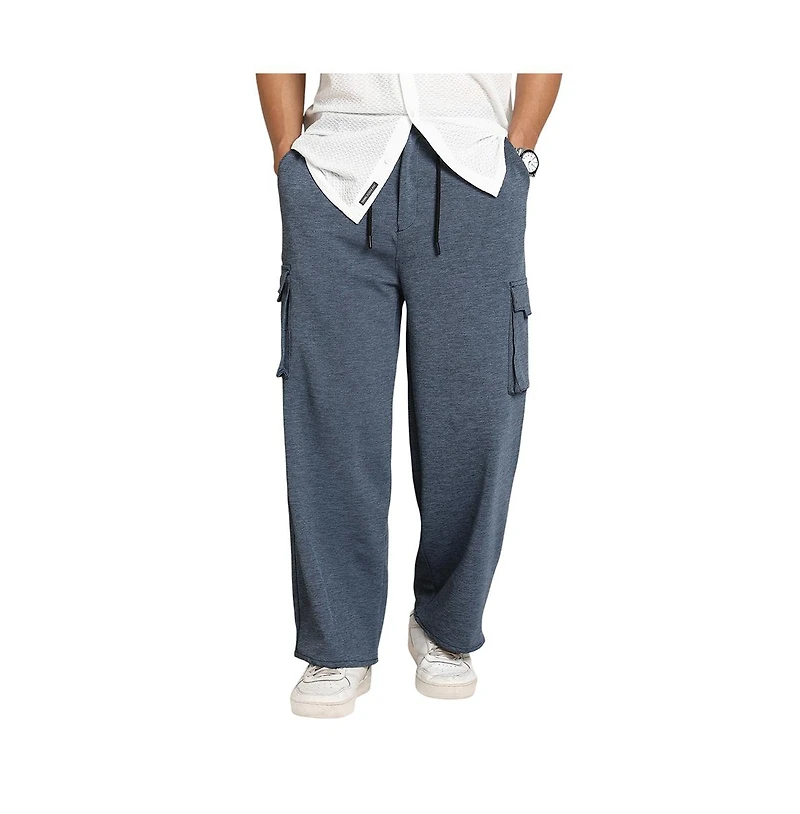 Campus Sutra Men's Prussian Blue Heathered-Relaxed Cargo Trousers