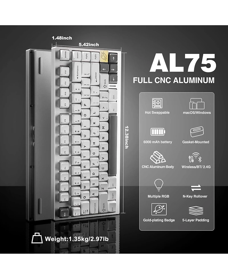 Yunzii AL75 Wireless Mechanical Gaming Keyboard,Full Aluminum Cnc,75% Layout,Bt/2.4G/Wired,Hot Swap,Creamy Switches,Tkl Gasket,Rgb Backlight,Programma