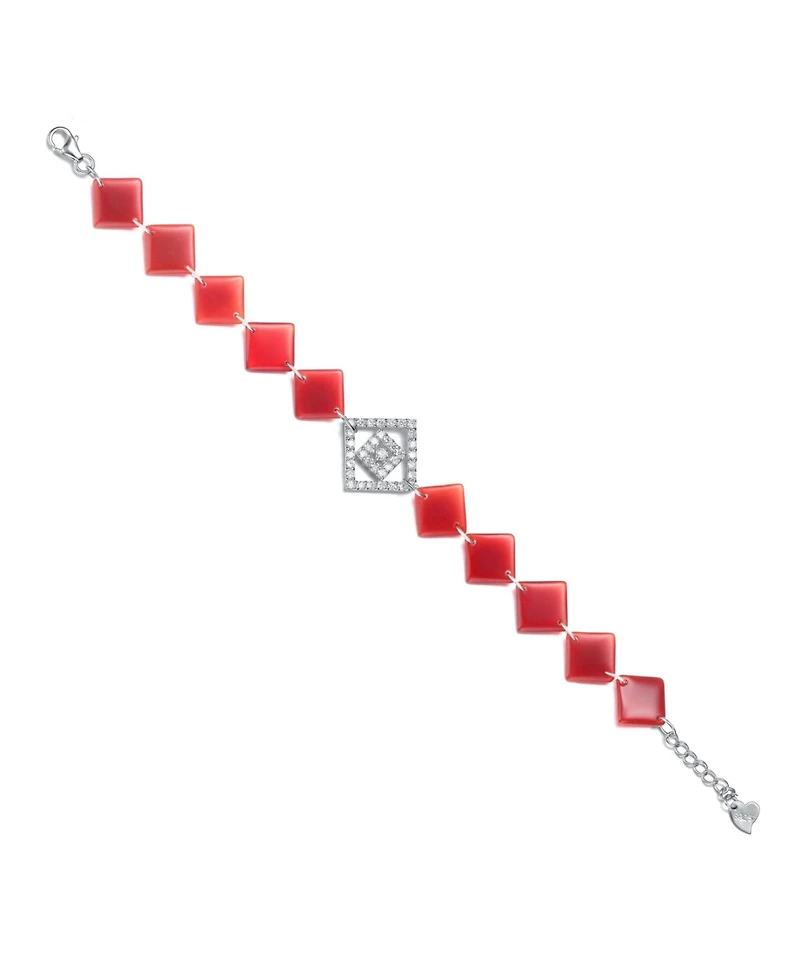 Sterling Silver White Gold Plating with Clear Cubic Zirconia Red Square Bracelet